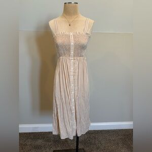 NWT Sky an Sparrow Tan and White Pleated Ribbed Midi Sundress